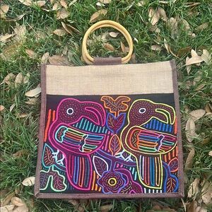 Vintage Embroidered Tote Bag with Wooden Handles